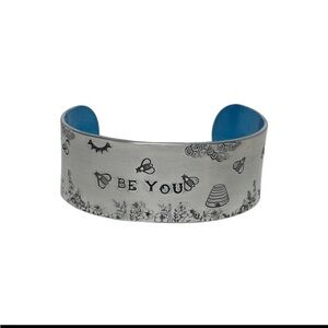 Handmade stamped‎ Be You floral adjustable 
hypoallergenic silver cuff bracelet